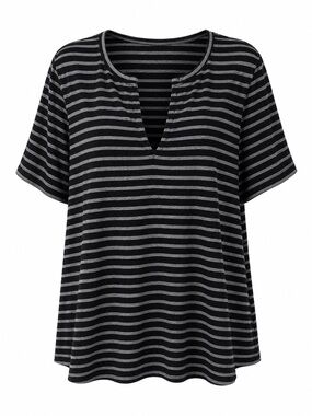 Laila Jayde Black & Gray Striped Split Neck Short Sleeve Tee Womens 2X